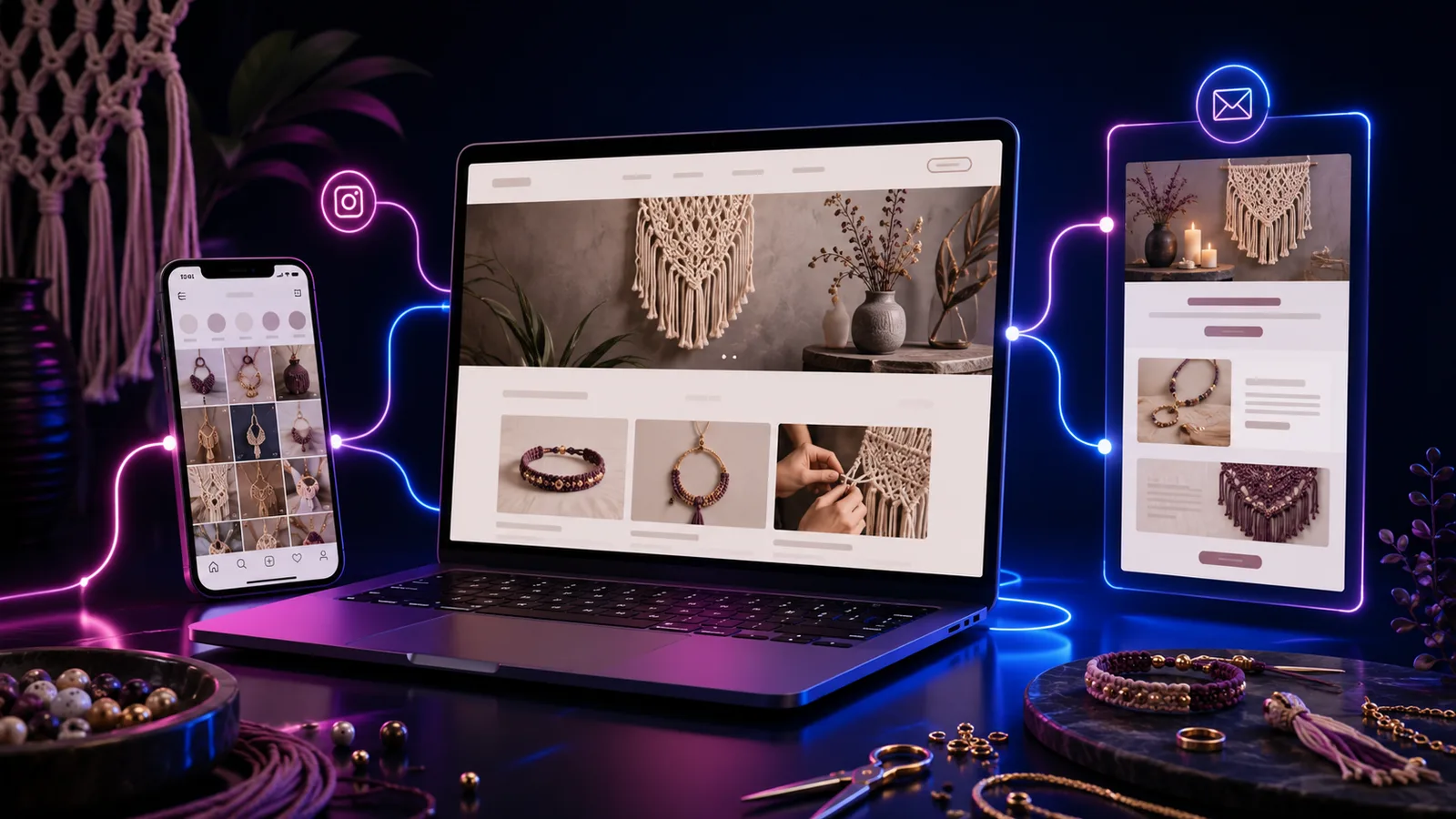 Illustration néon d'une présence en ligne artisanale reliant site web, newsletter et réseaux sociaux