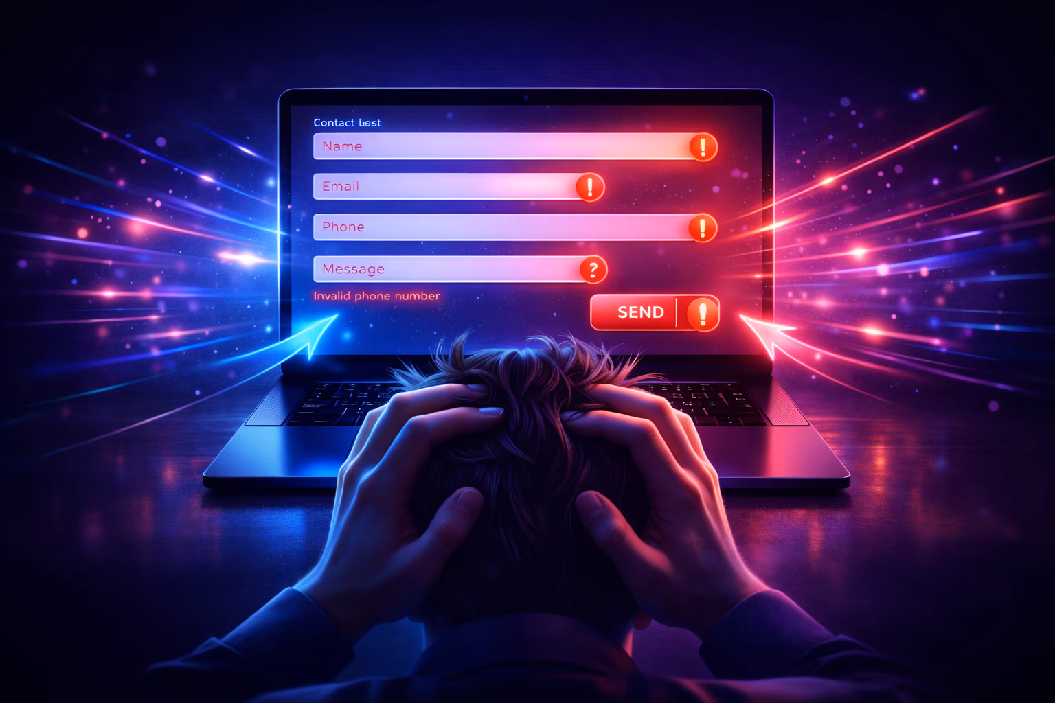 Illustration éditoriale d’un formulaire de contact avec erreurs et alertes