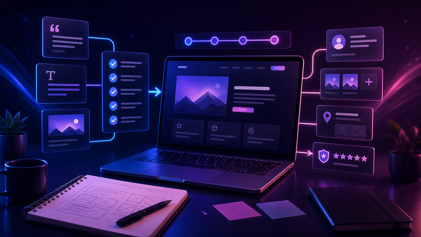 Illustration néon d'un ordinateur entouré de cartes de contenus pour préparer un site vitrine